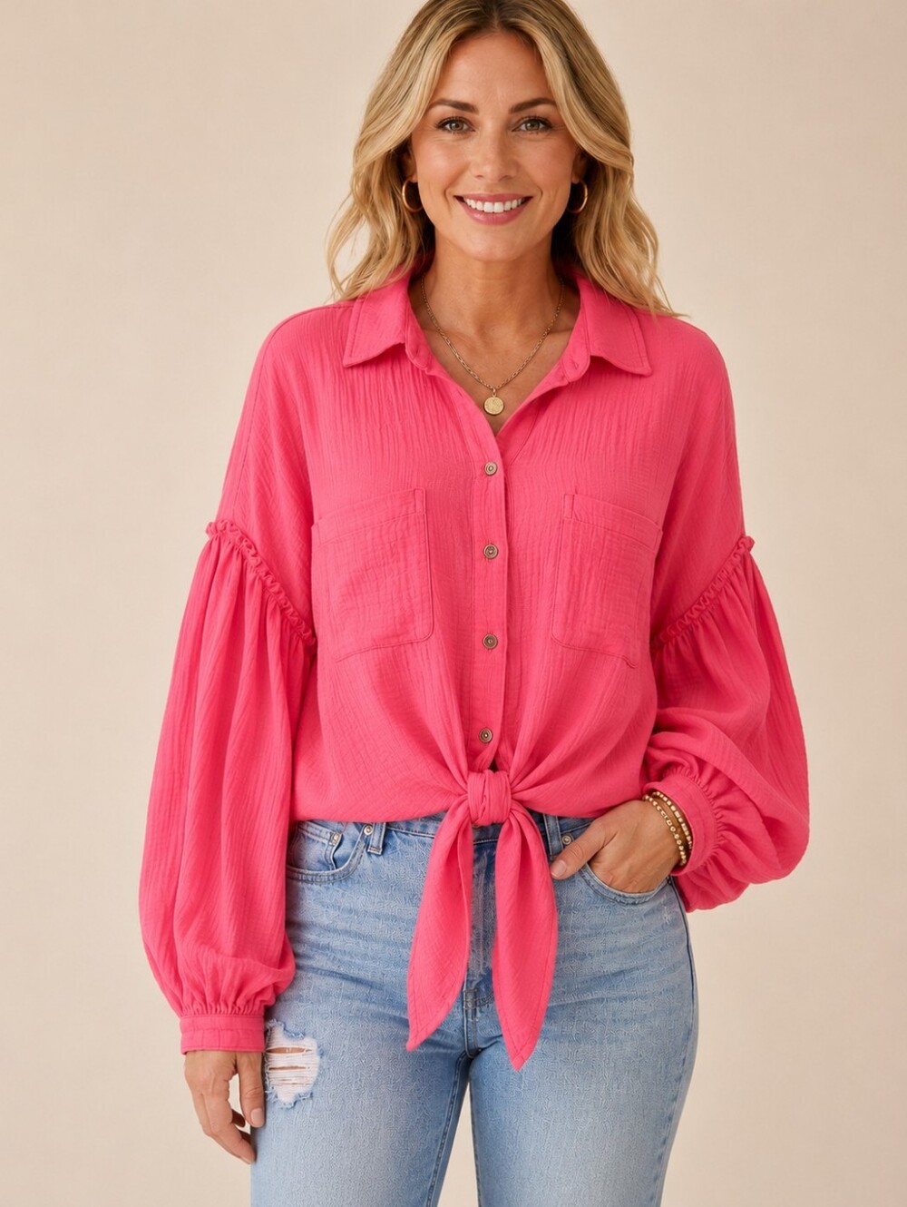 Peach Love California Pink Cotton Gauze Tie Front Balloon Sleeve Top M A283
